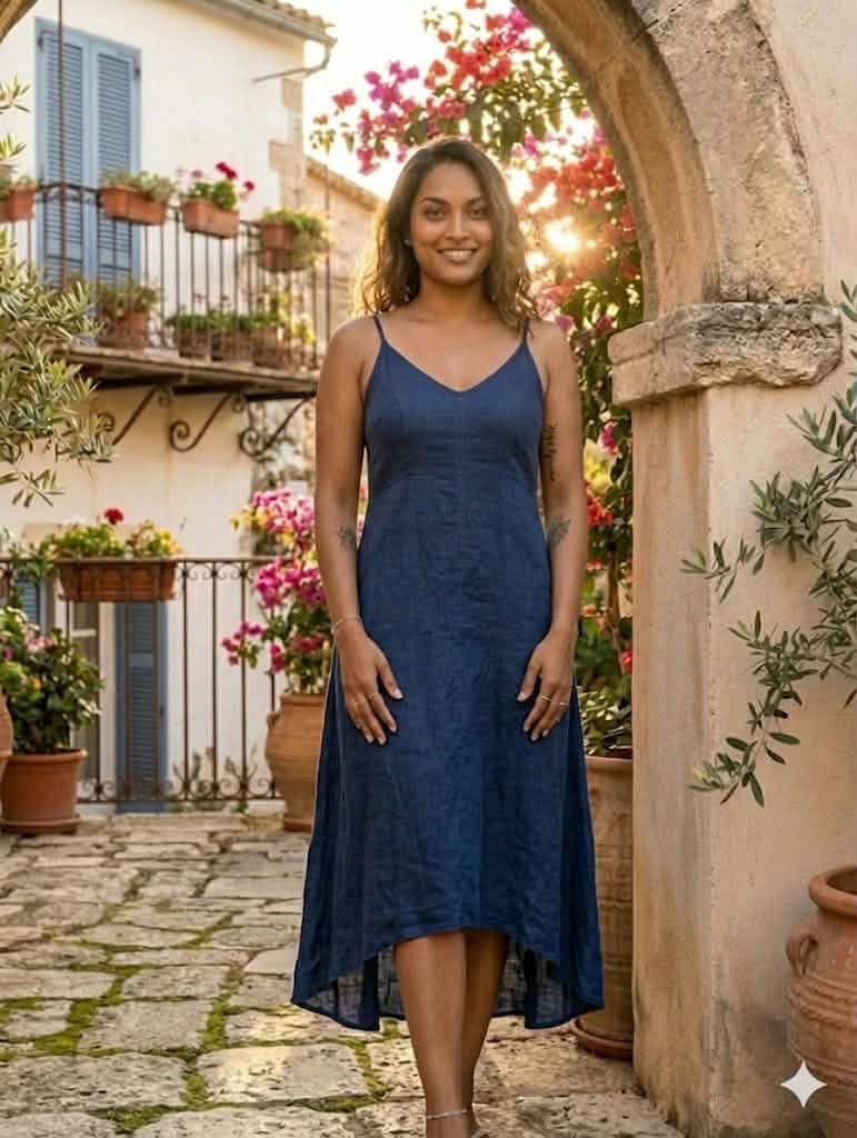 100% Linen Spaghetti Strap Midi Dress: Navy
