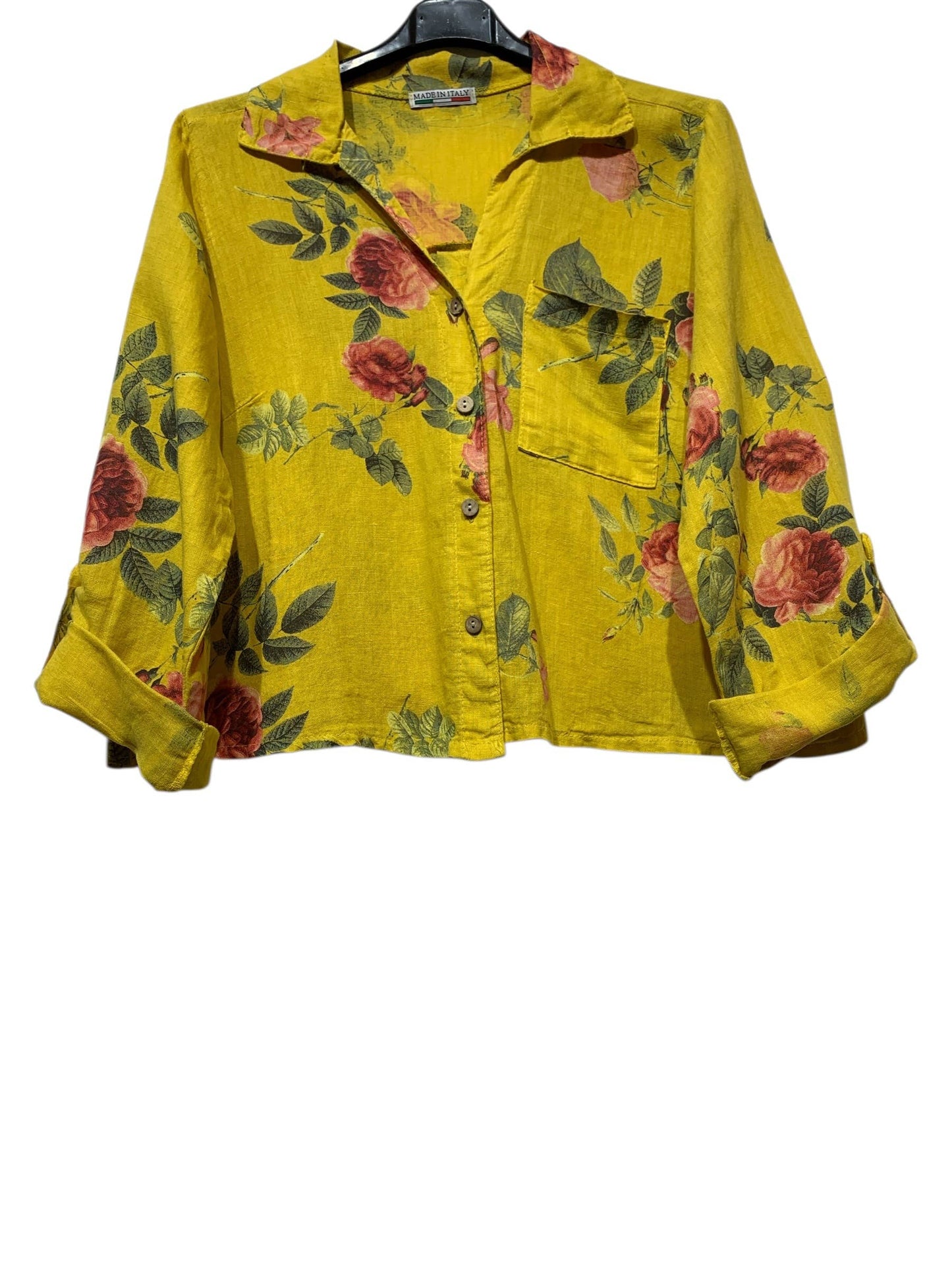 Floral Print 100% Linen Button up Shirt: Goldenrod