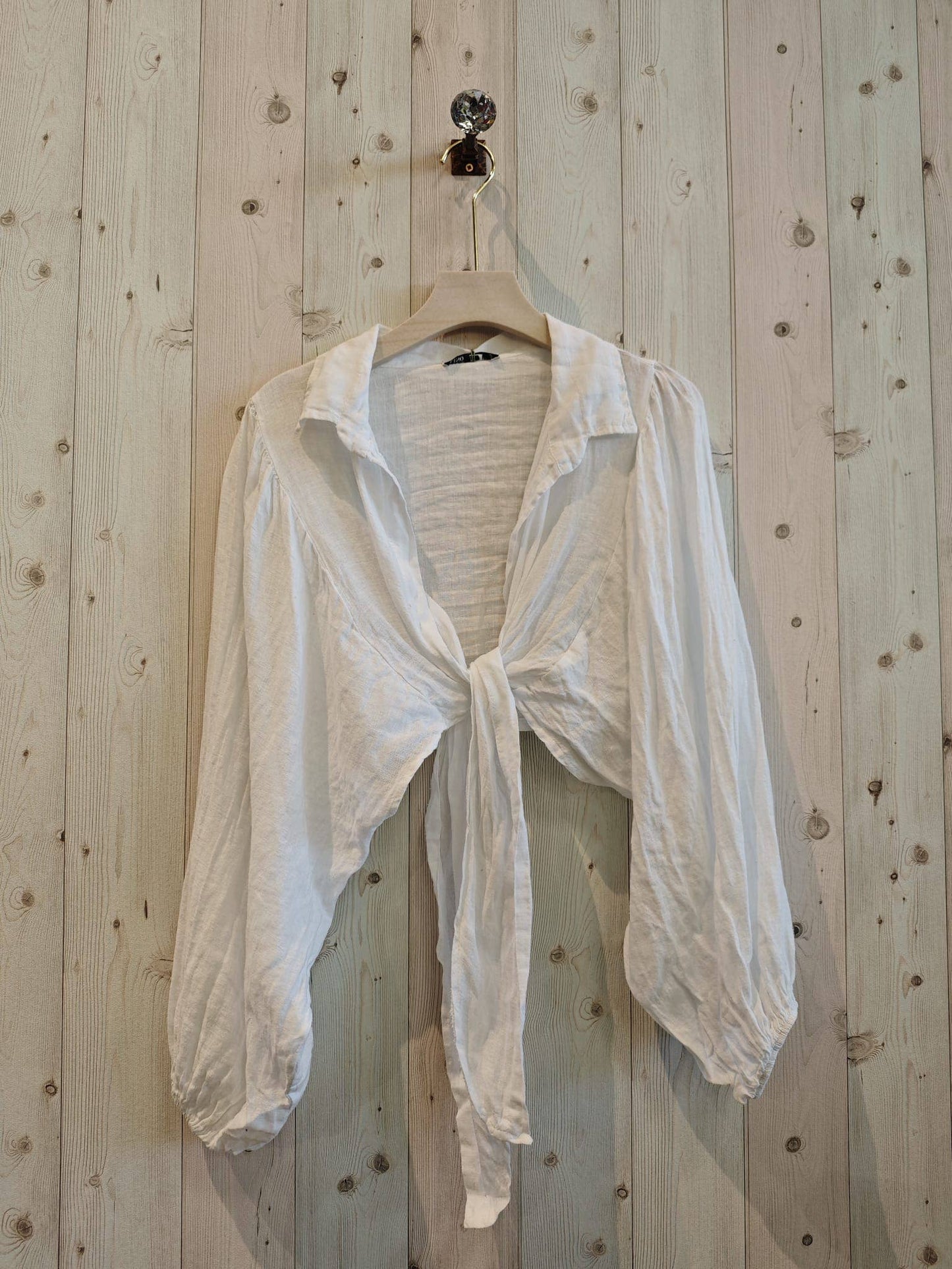 100% Linen Tie Front Blouse: Blanco