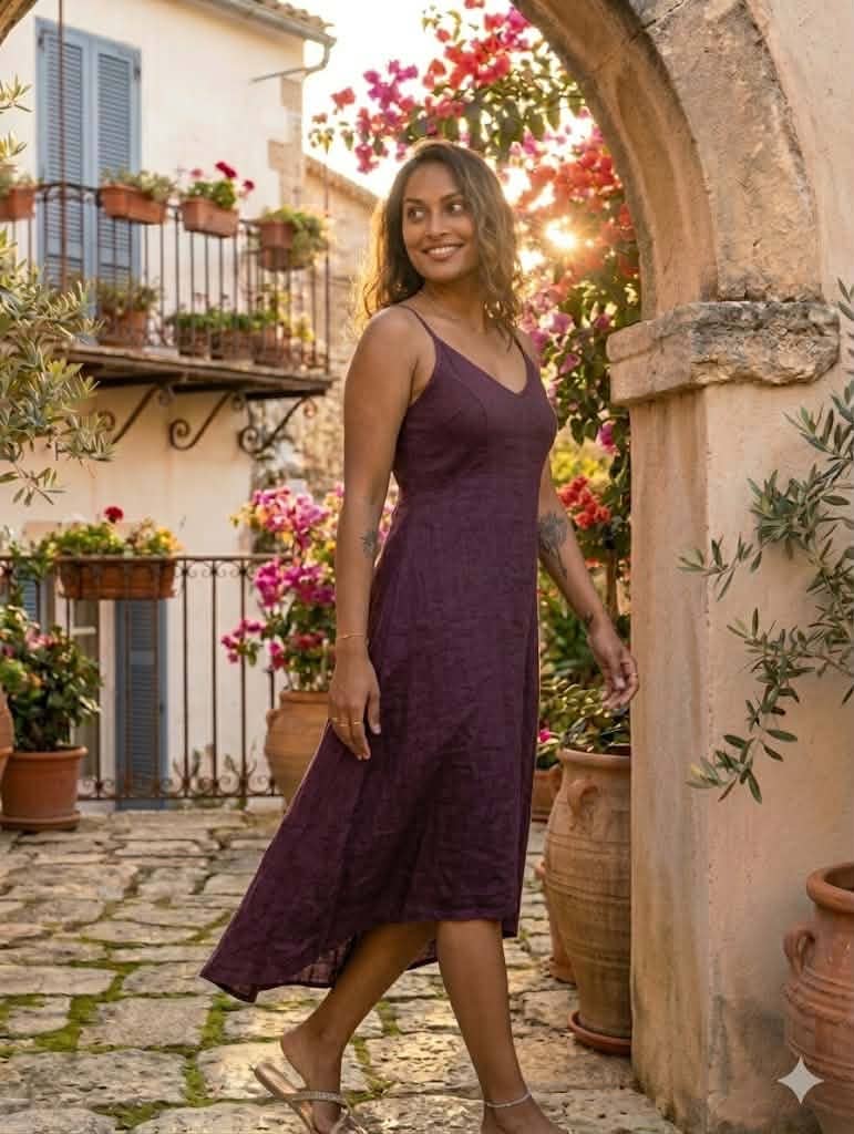 100% Linen Spaghetti Strap Midi Dress: Wine