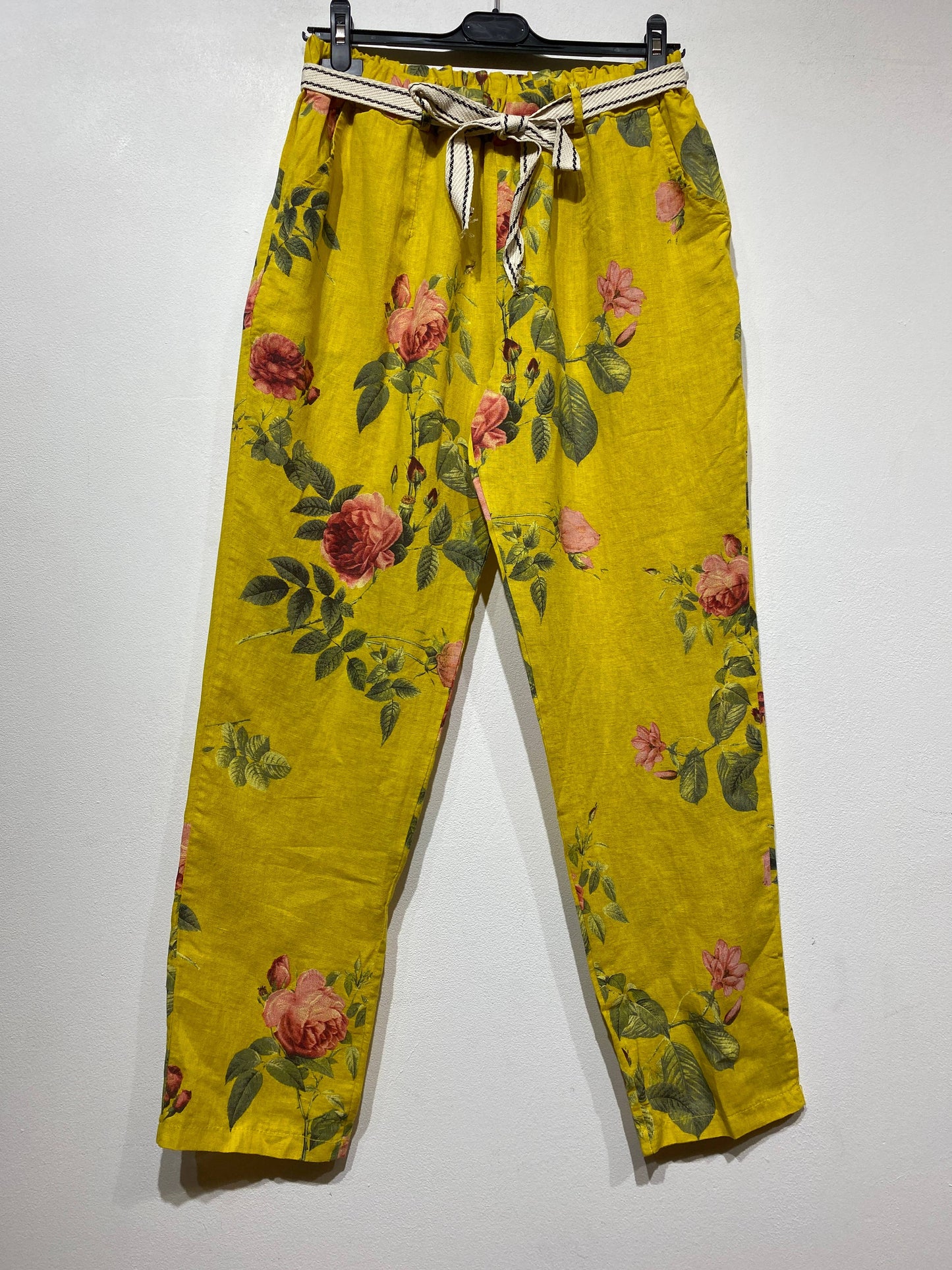 Floral Print 100% Linen Trousers: Goldenrod