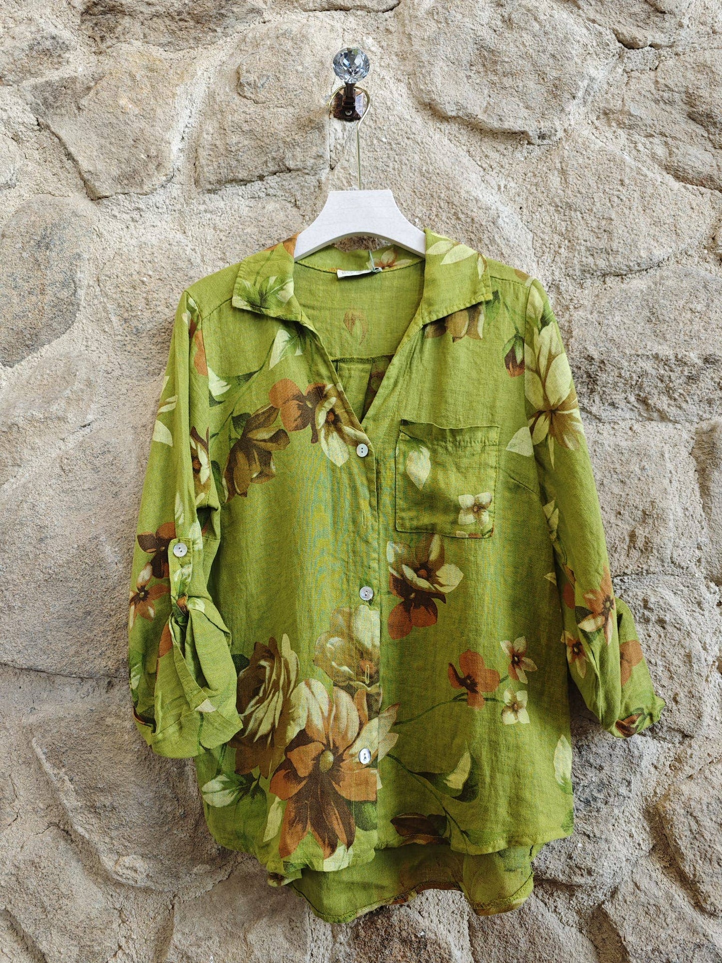 Floral Print 100% Linen Button up Shirt: Pistachio