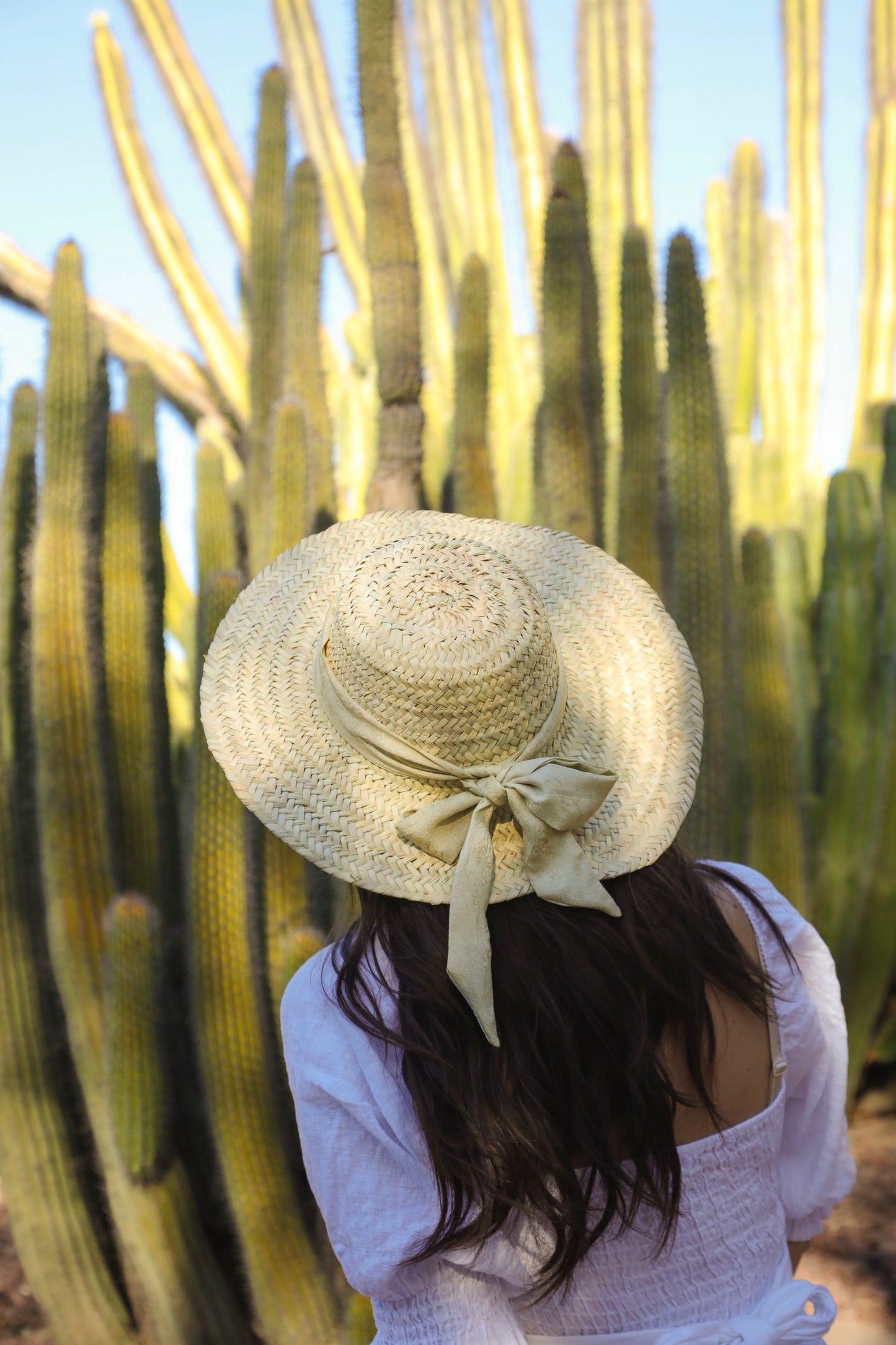 Handwoven Palm Sun Hat with Beige Mulberry Silk Scarf