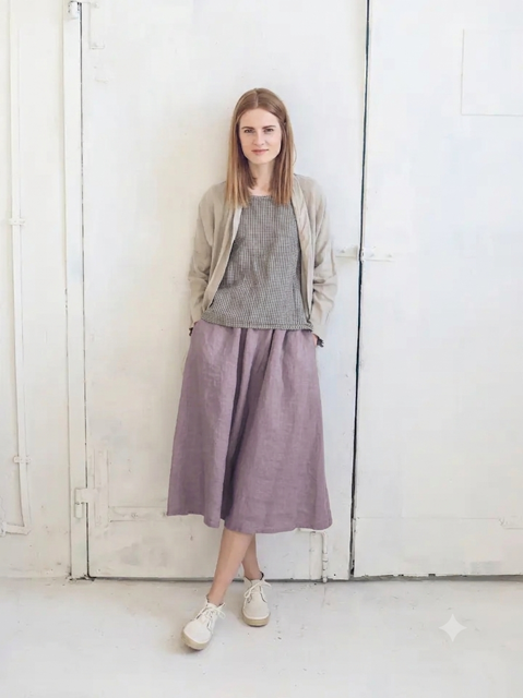 100% Linen Midi Boho Skirt: Plum