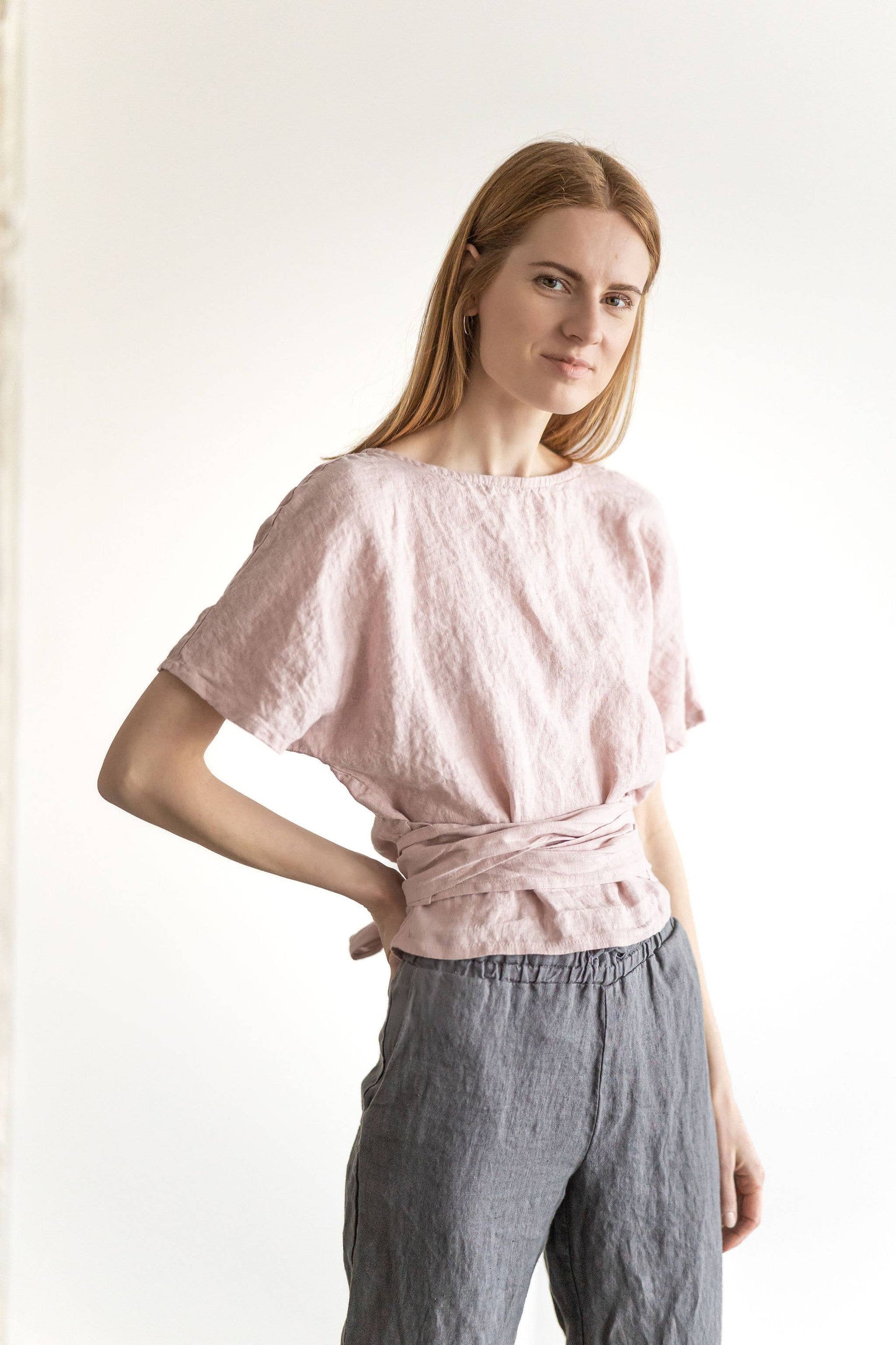 100% Linen Wrap Top: Pale Dogwood