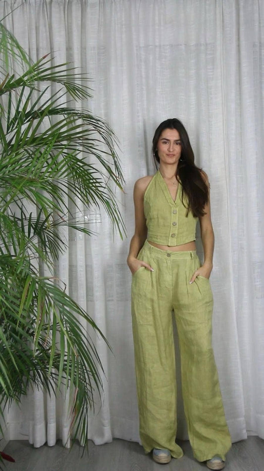 100% Linen Button Up Trousers: Pistachio
