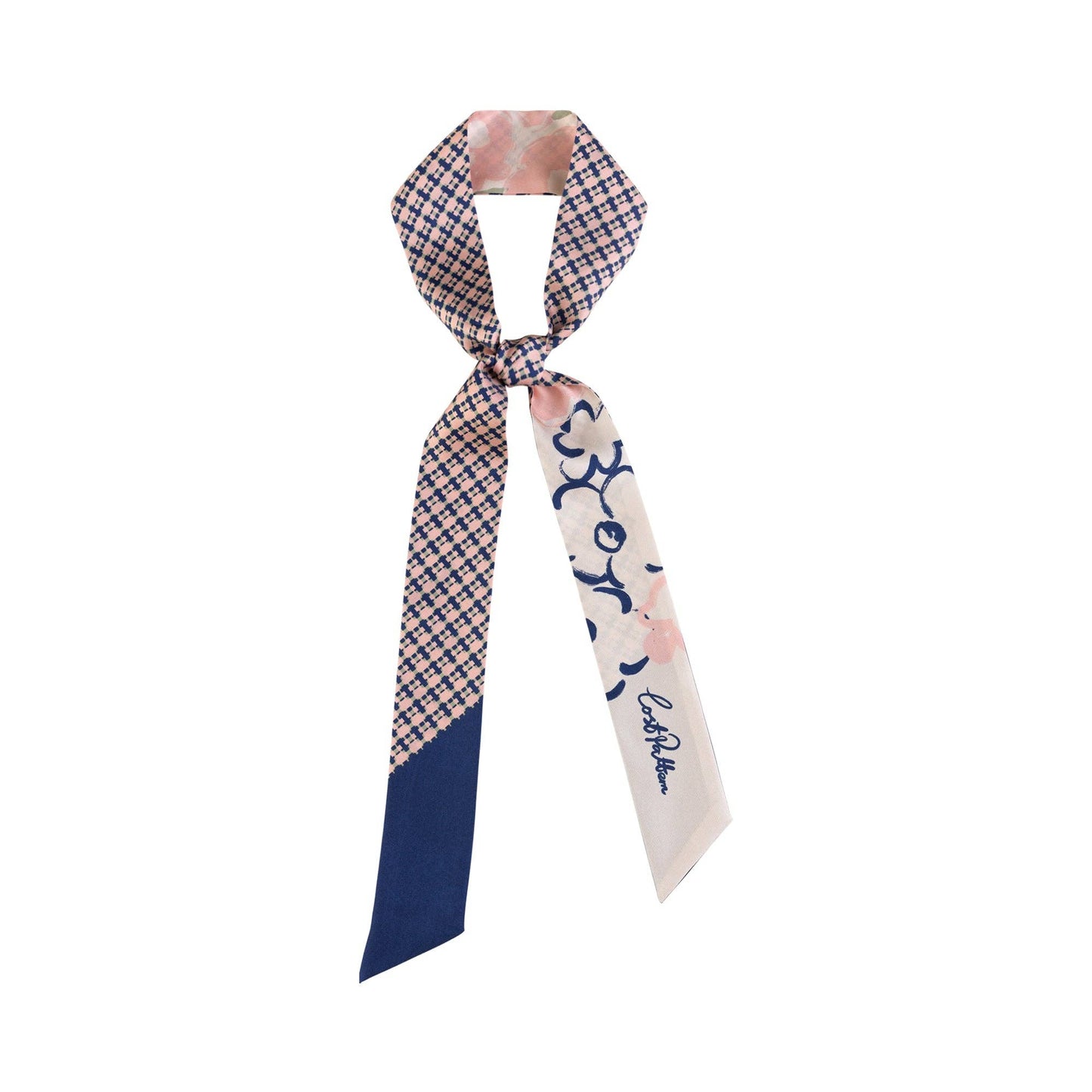 "Floral Houndstooth" Silk Twill Skinny Scarf: Blue