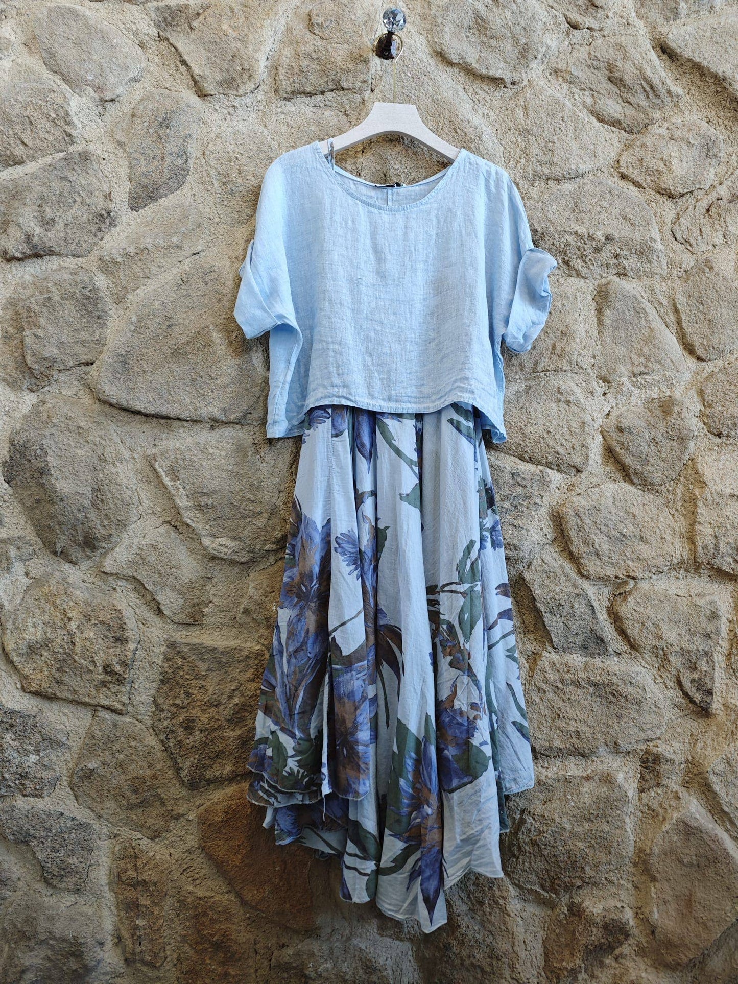 100% Linen Dress and Blouse Two-Piece Set: Delphinium