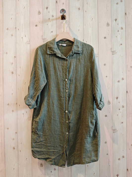 100% Linen Button up Shirt Dress: Olive