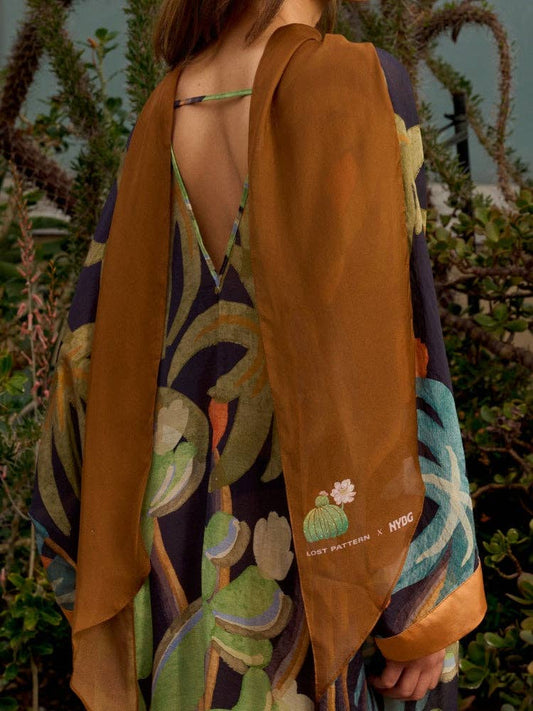 Lost Pattern x NYBG "Oasis Charms" Silk Chiffon Neck Scarf: Coffee