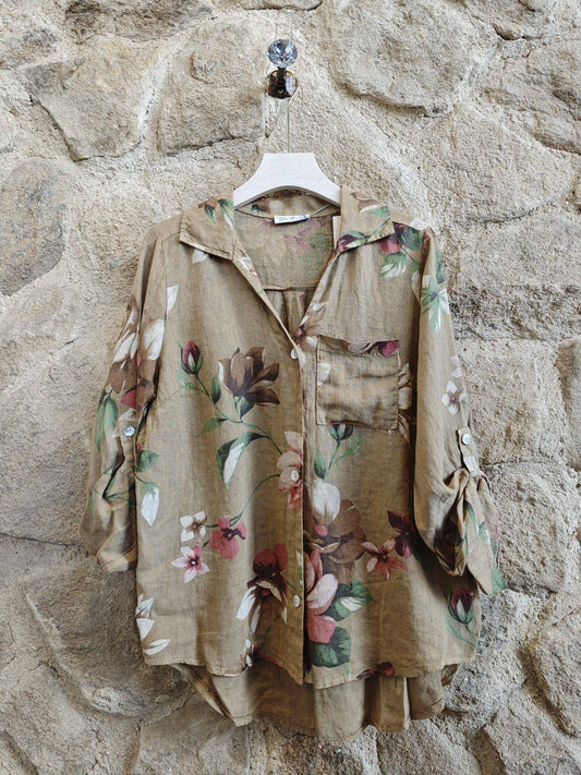 Floral Print 100% Linen Button up Shirt: Rye
