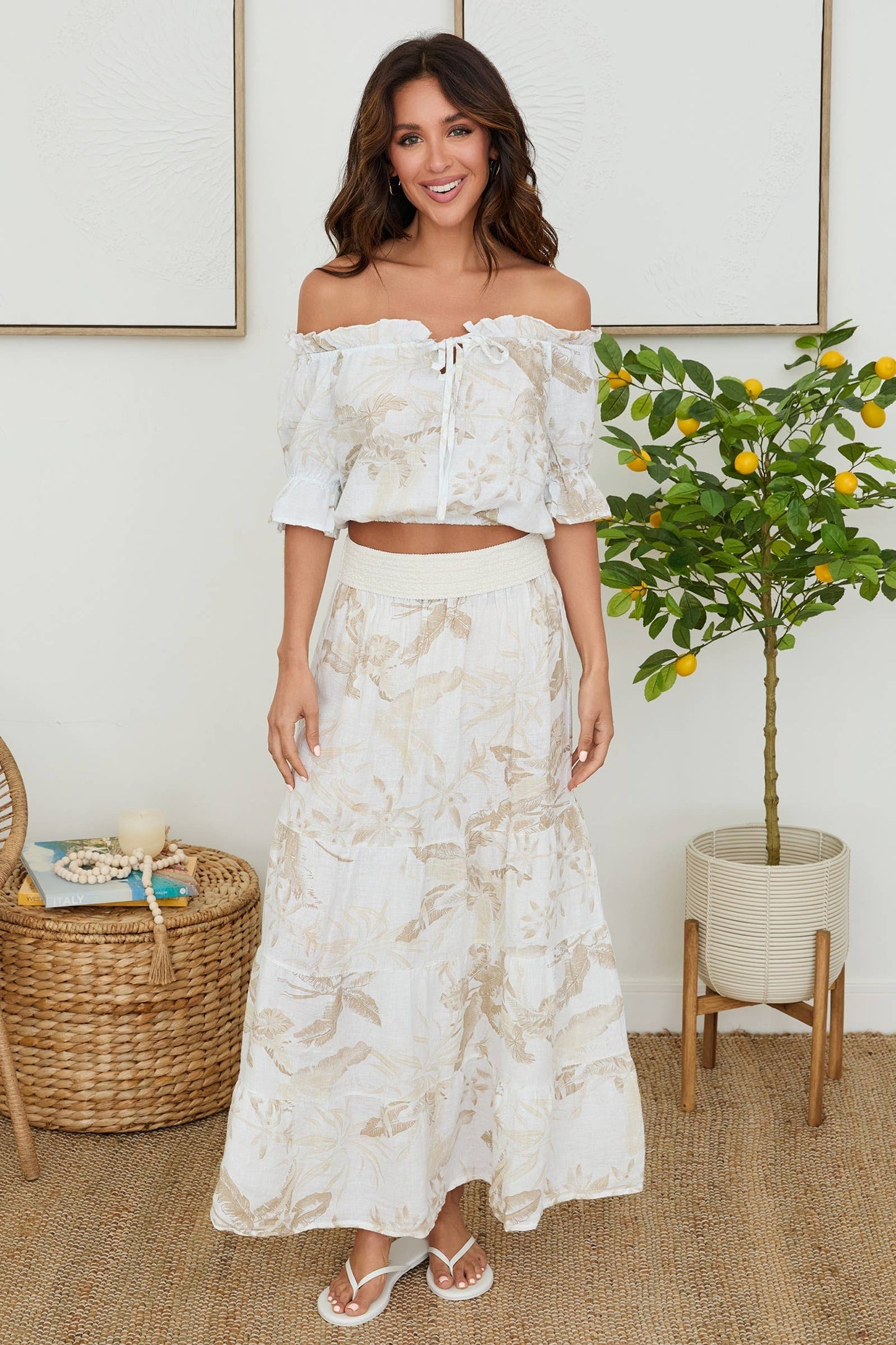 Tropical Print 100% Linen Off Shoulder Crop Top