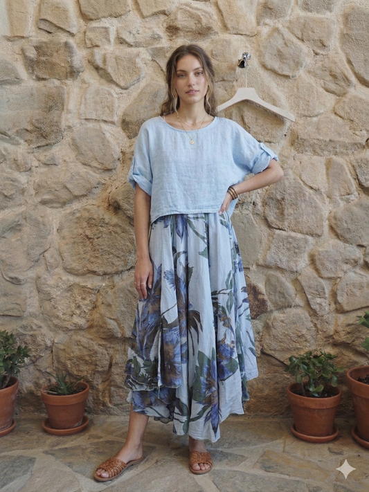 100% Linen Dress and Blouse Two-Piece Set: Delphinium