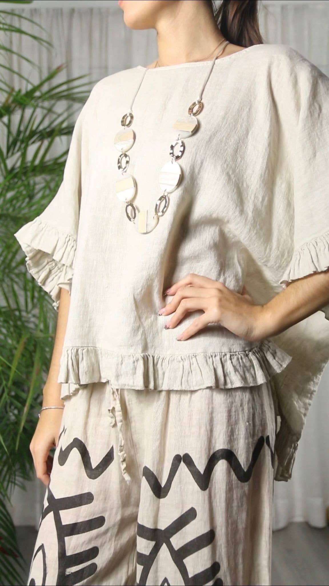 100% Linen Ruffle Blouse: Oat