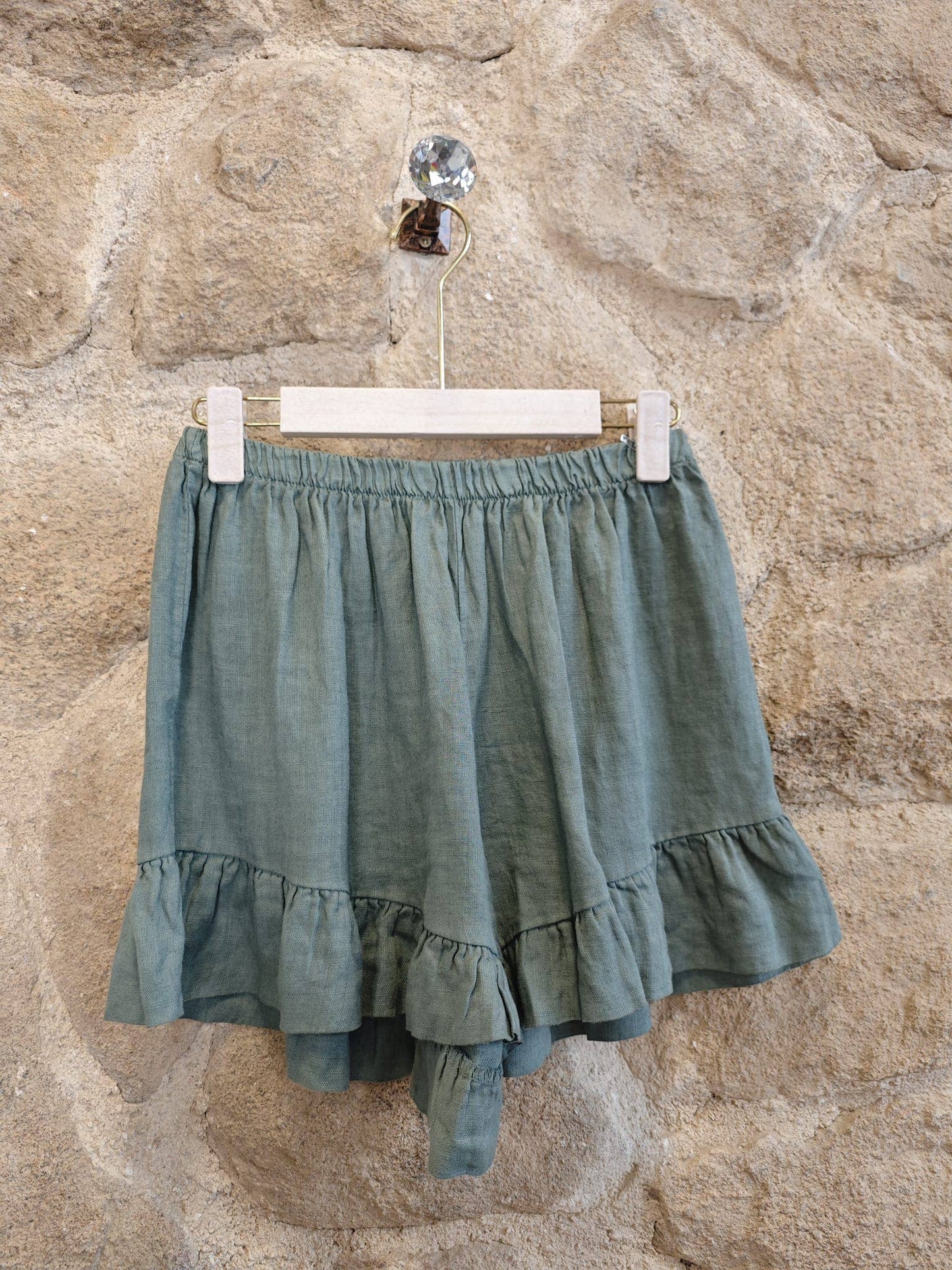 100% Linen Ruffle Shorts: Olive
