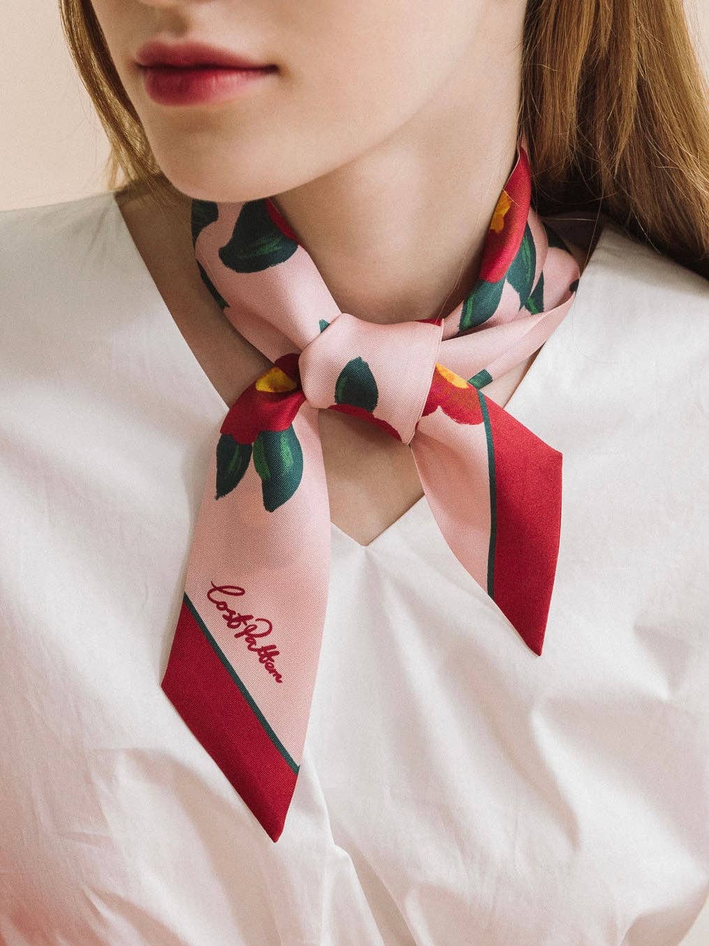 "Camellia" Silk Twill Skinny Scarf: Red & Pink