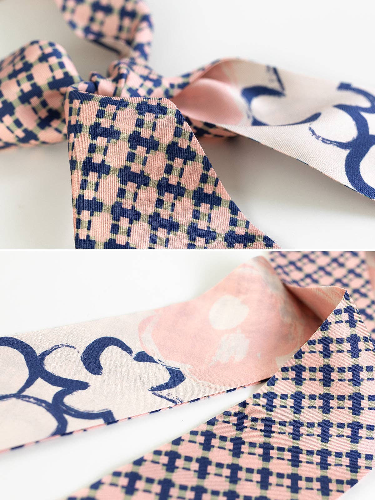 "Floral Houndstooth" Silk Twill Skinny Scarf: Blue