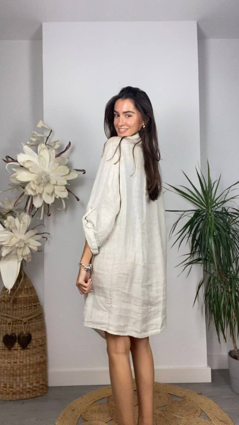 100% Linen Button up Shirt Dress: Olive