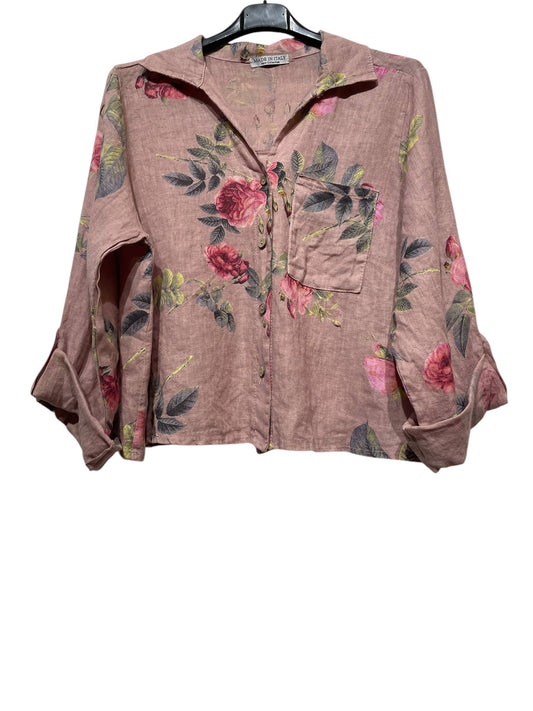Floral Print 100% Linen Button up Shirt: Rose