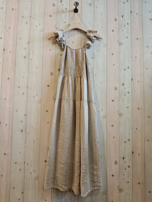 100% Linen Ruffle Strap Maxi Dress: Oat