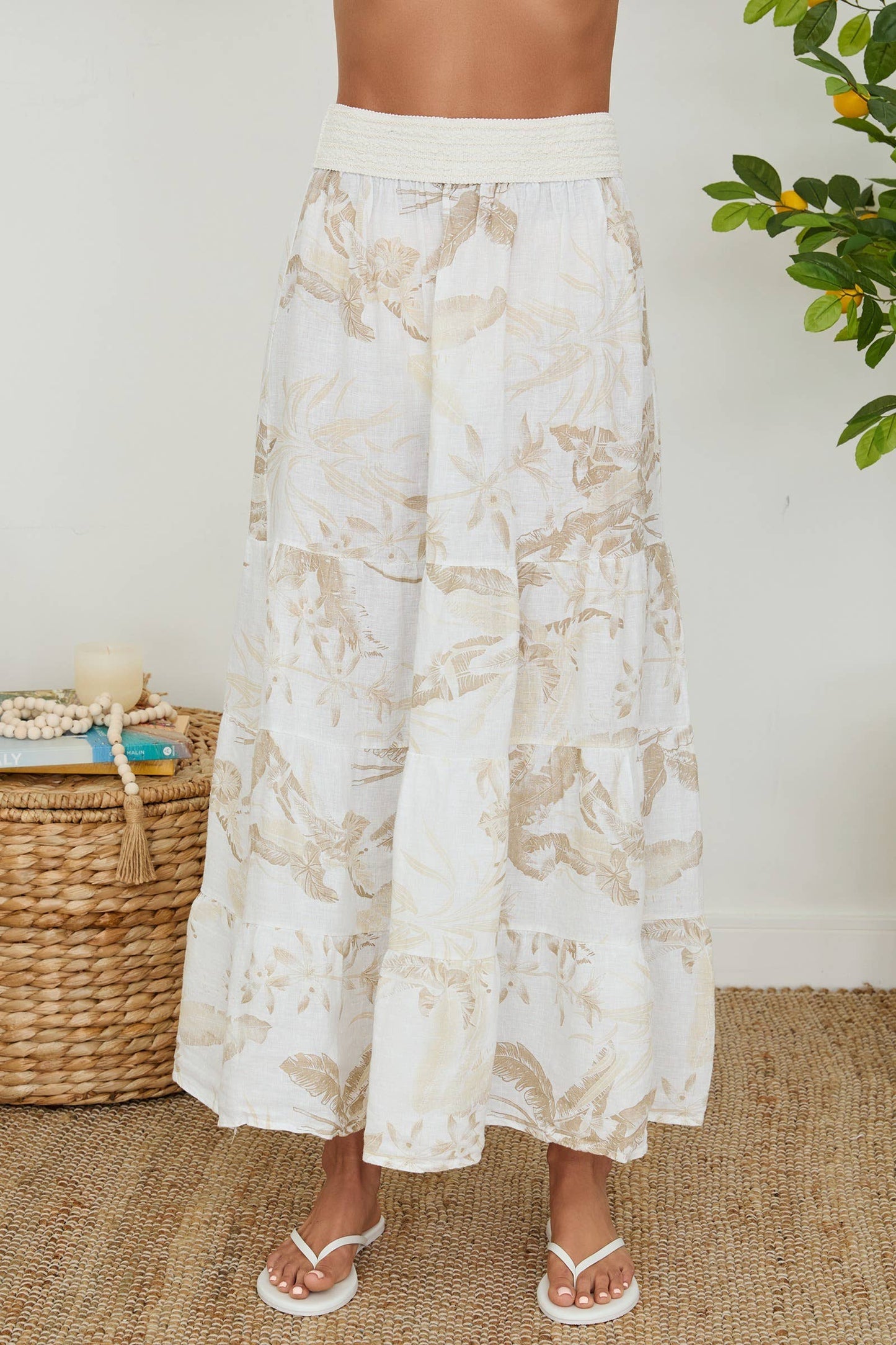 Tropical Print 100% Linen Tiered Maxi Skirt