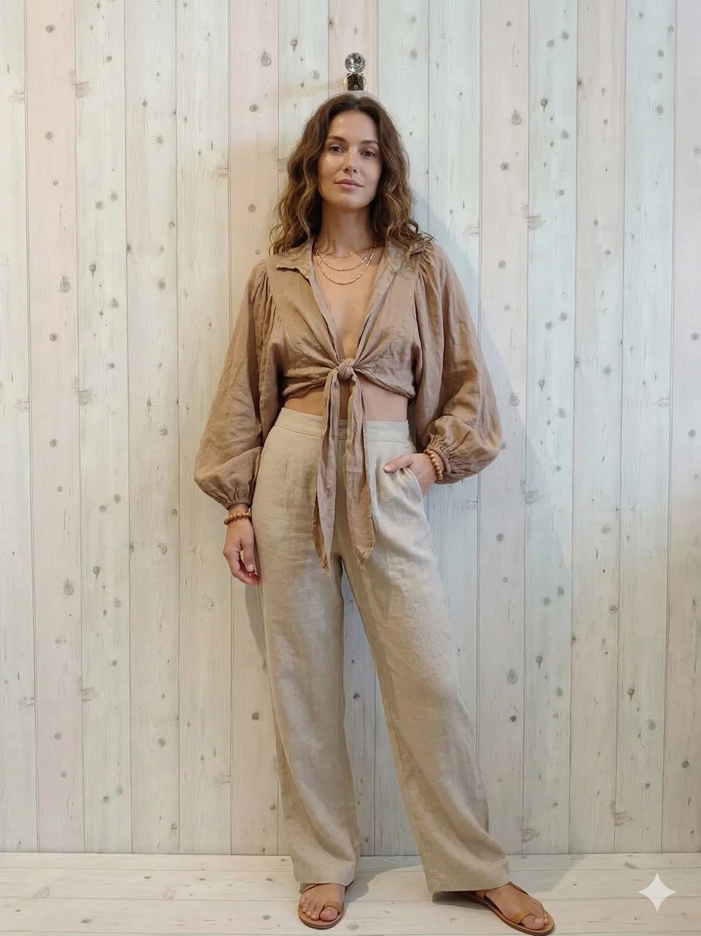 100% Linen Tie Front Blouse: Rye