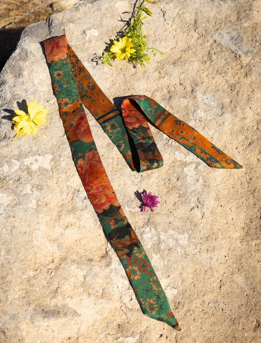 Gambiered Canton Silk Skinny Scarf - Emerald Ginger