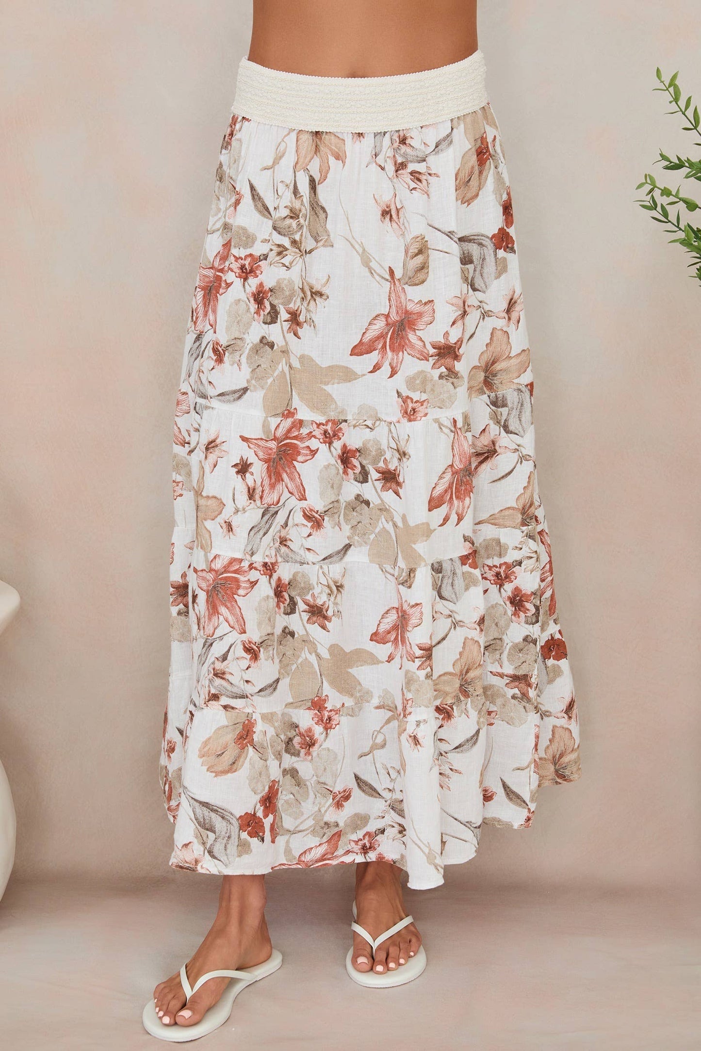 Star Flower 100% Linen Tiered Maxi Skirt