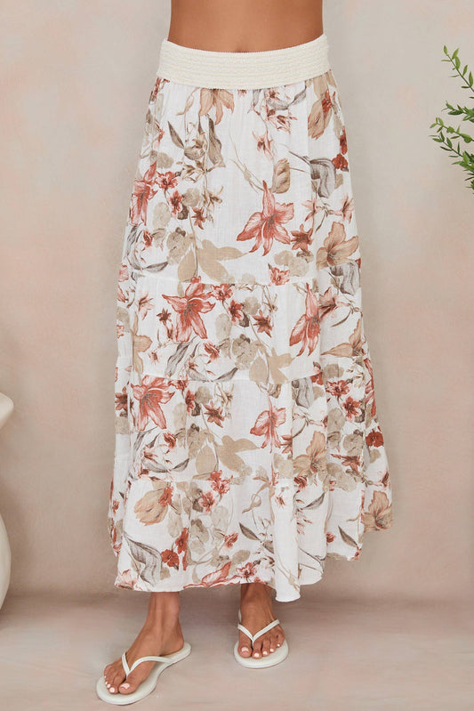 Star Flower 100% Linen Tiered Maxi Skirt