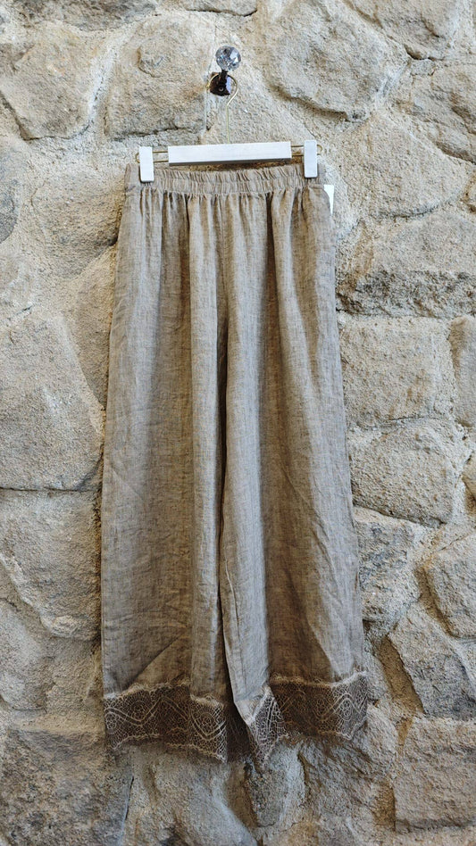 100% Linen Wide Leg Lace Hem Pants: Rye