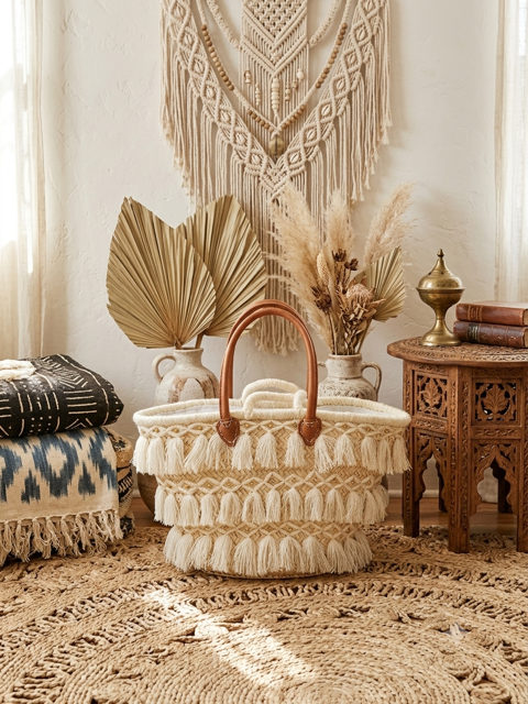 Ivory Fringe Palm Market Basket