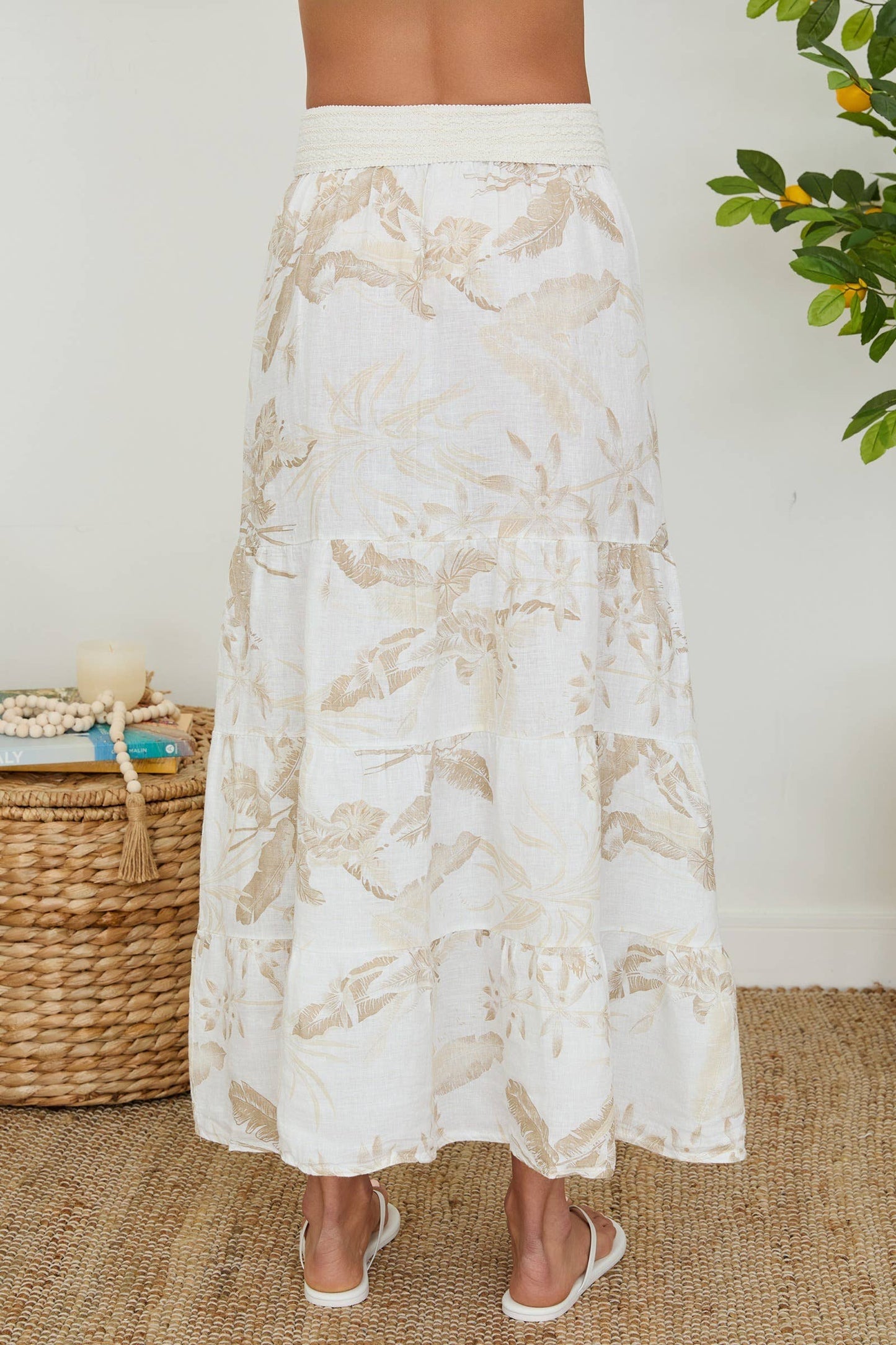Tropical Print 100% Linen Tiered Maxi Skirt