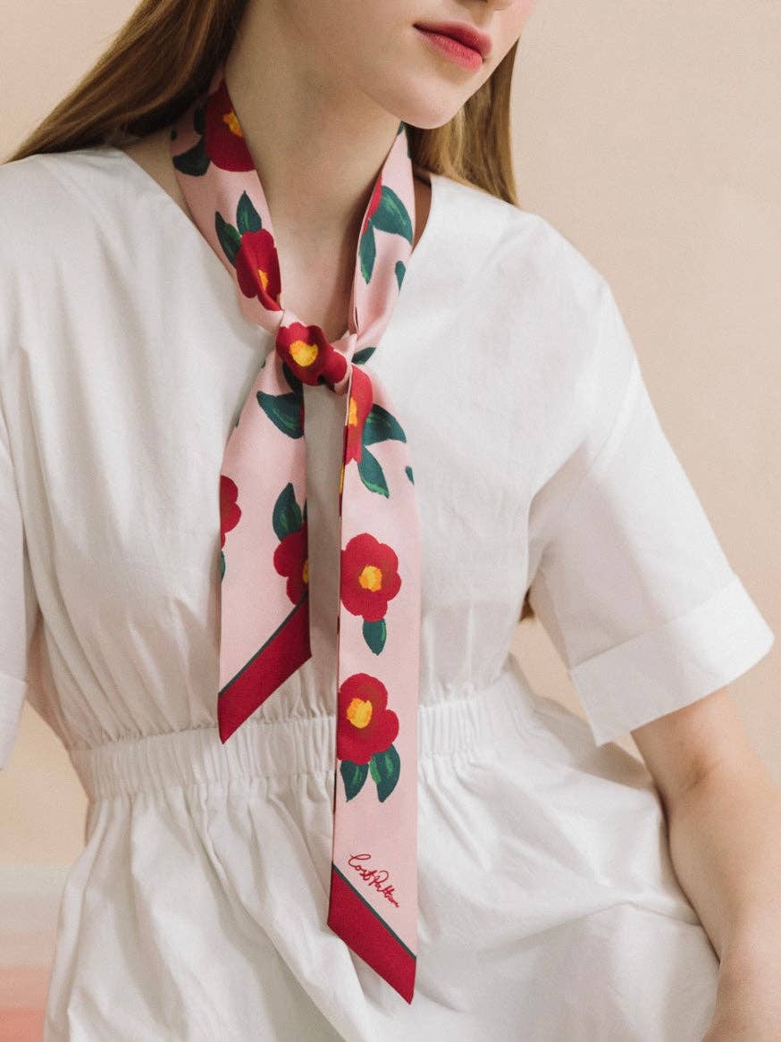 "Camellia" Silk Twill Skinny Scarf: Red & Pink