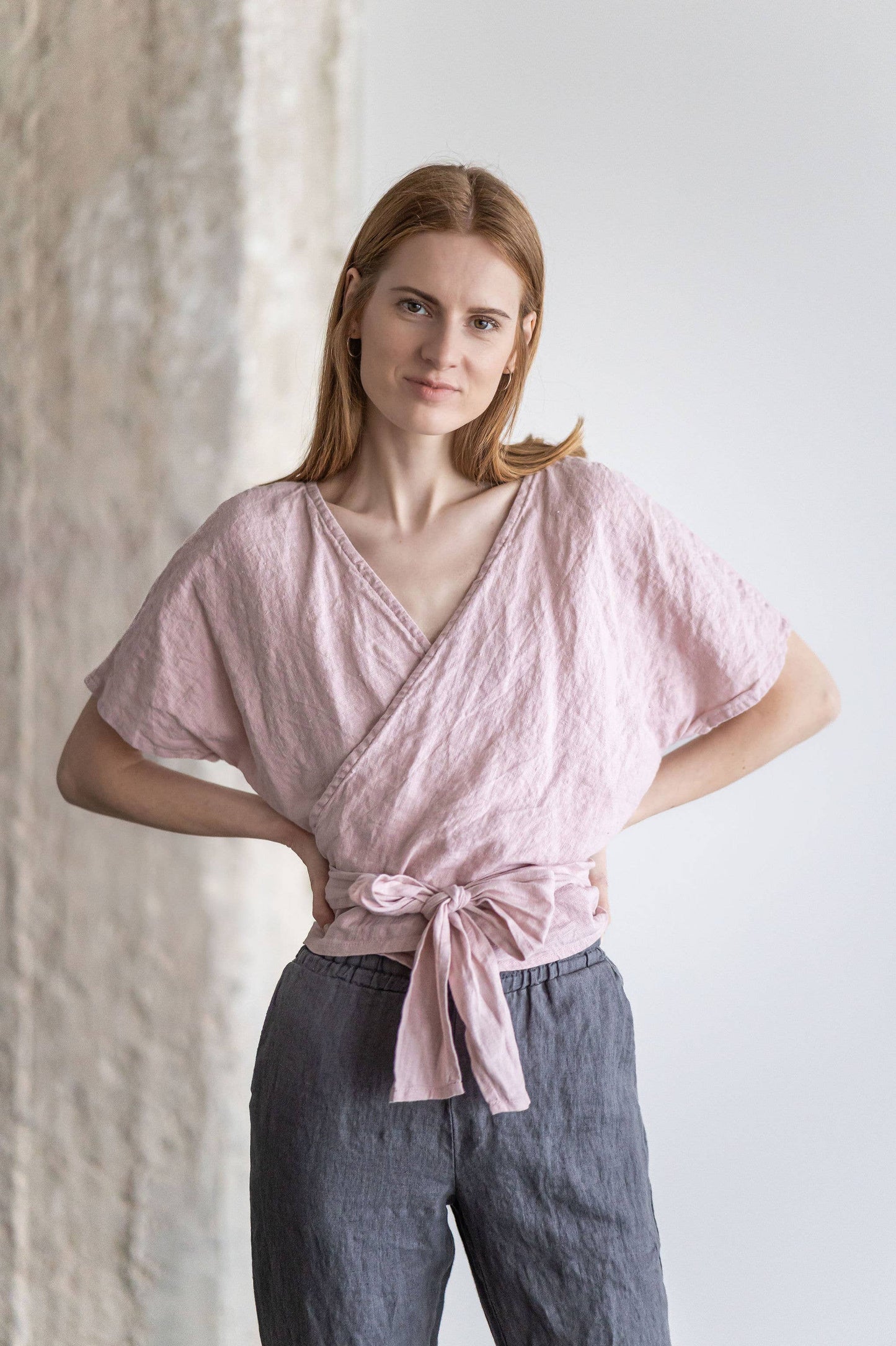 100% Linen Wrap Top: Pale Dogwood