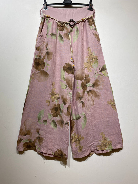 Floral Print 100% Linen Palazzo Pants: Rose
