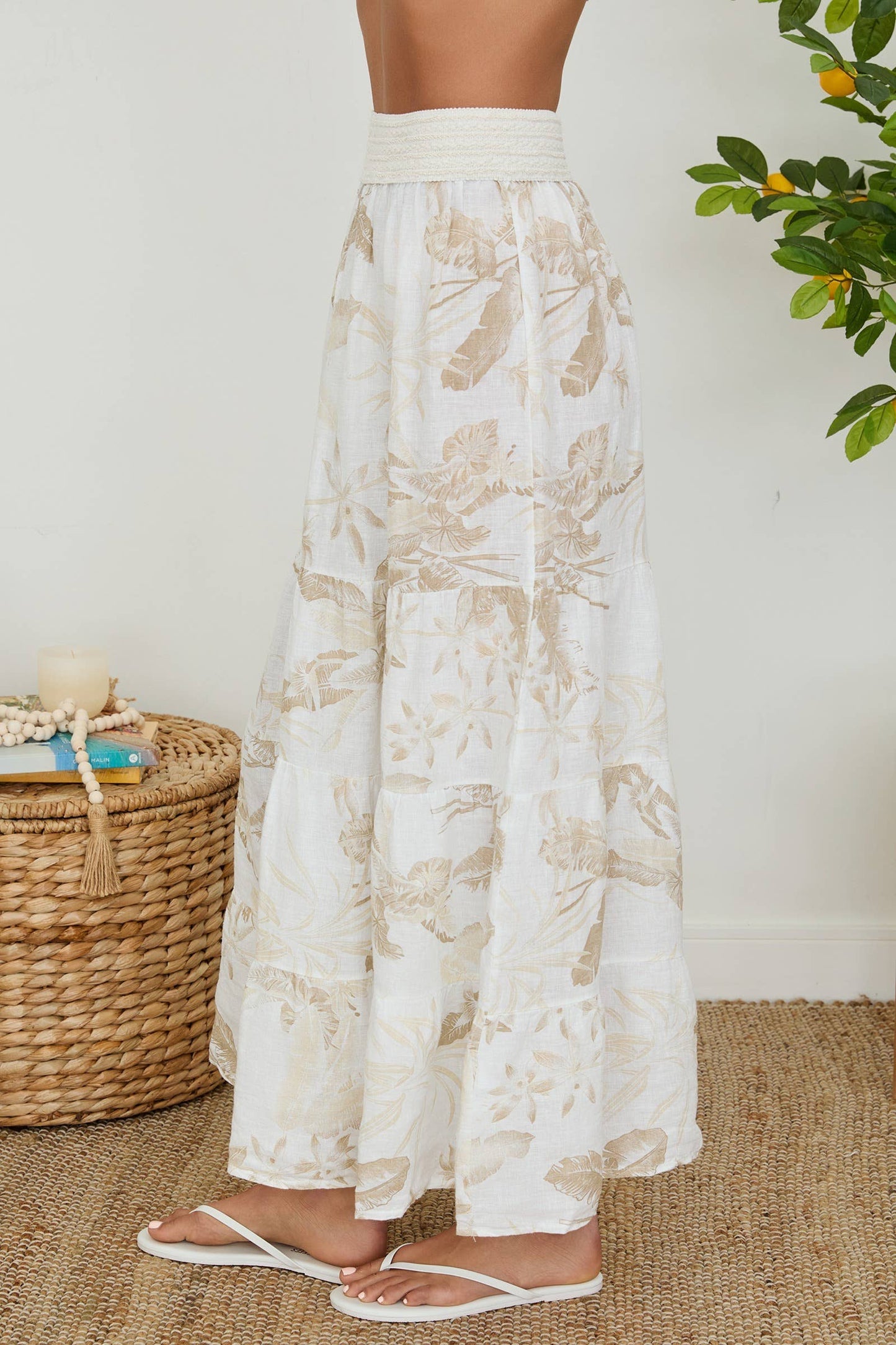 Tropical Print 100% Linen Tiered Maxi Skirt