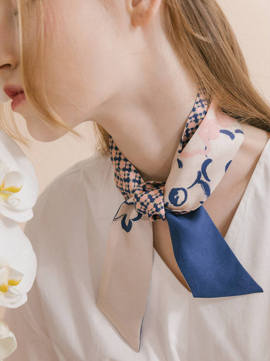 "Floral Houndstooth" Silk Twill Skinny Scarf: Blue