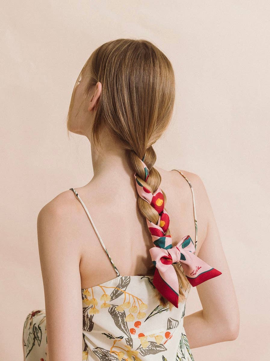 "Camellia" Silk Twill Skinny Scarf: Red & Pink
