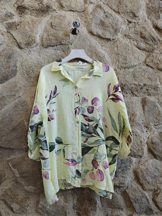 Botanical Print 100% Linen Button up Shirt: Carnation