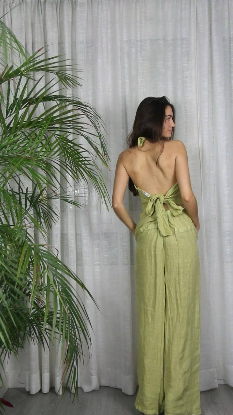 100% Linen Button Up Trousers: Pistachio