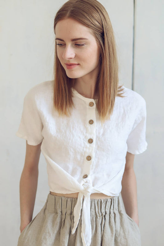 100% Linen 90s Top with Front Knot: Blanco