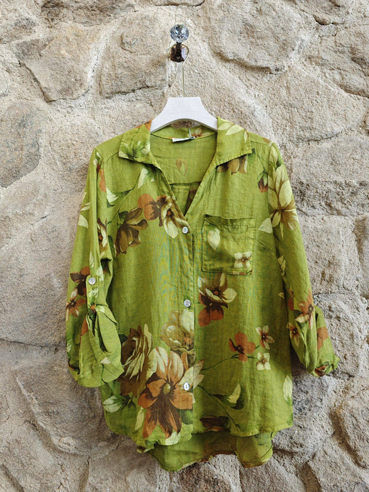 Floral Print 100% Linen Button up Shirt: Pistachio