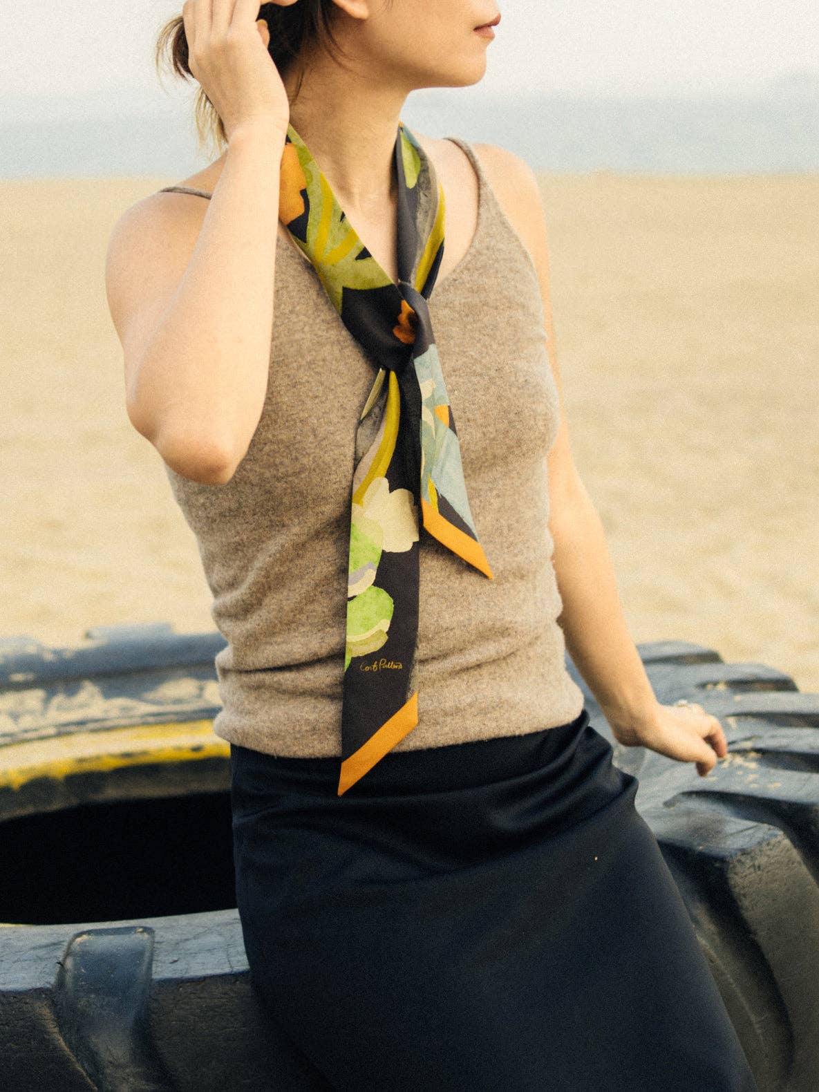 "Ethereal Mirage" Silk Twill Skinny Scarf: Dark Brown