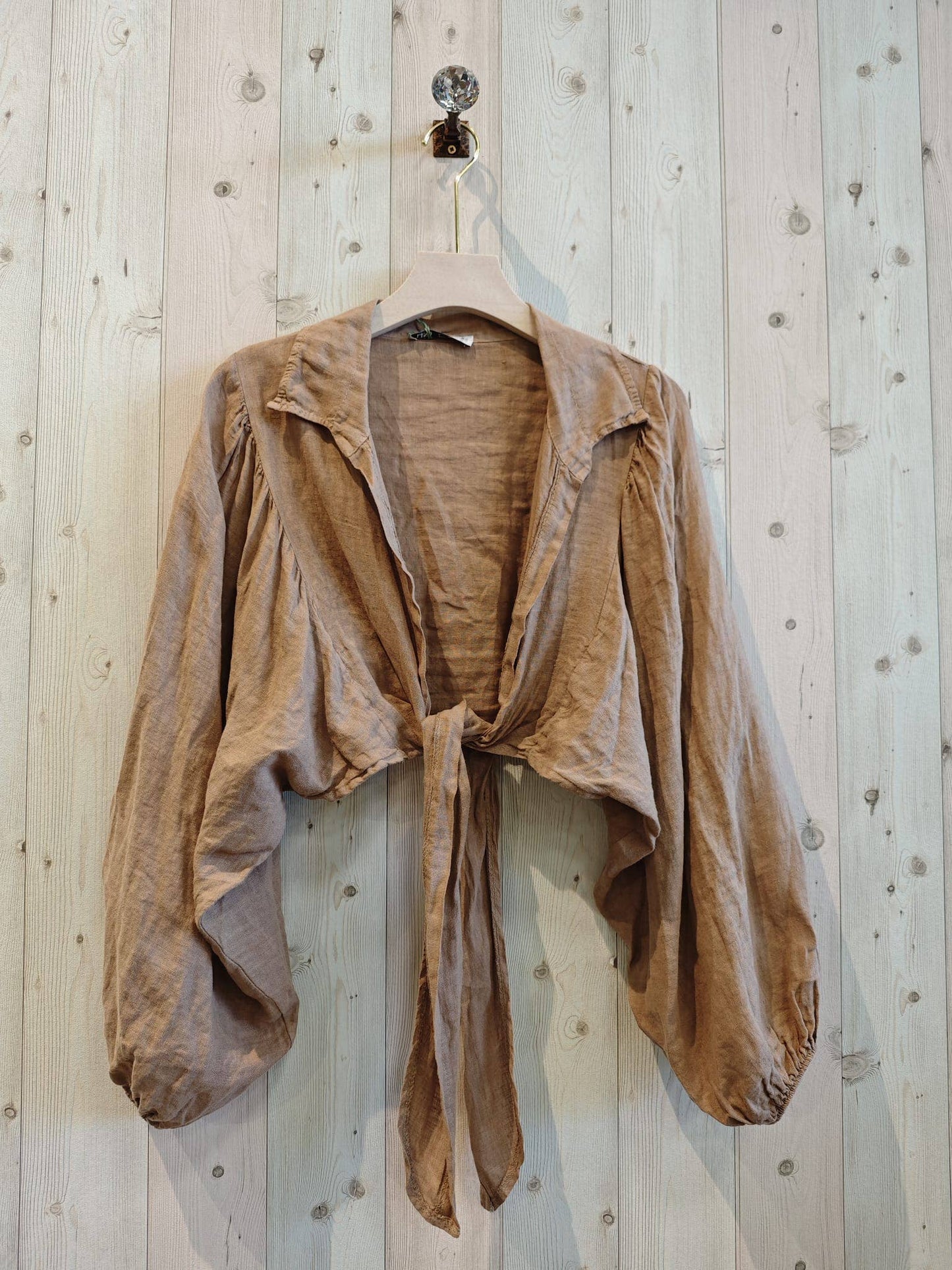 100% Linen Tie Front Blouse: Rye