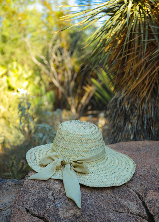 Handwoven Palm Sun Hat with Beige Mulberry Silk Scarf