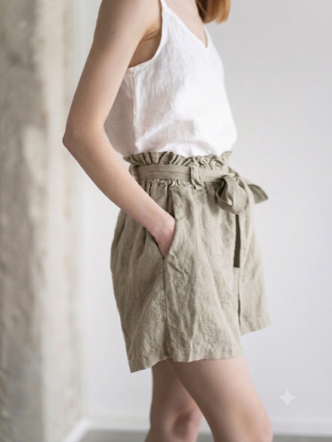100% Linen High-Waisted Shorts: Oat