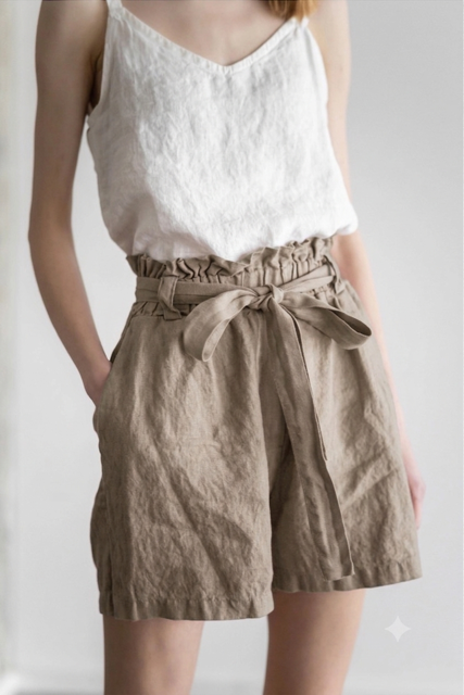 100% Linen High-Waisted Shorts: Oat