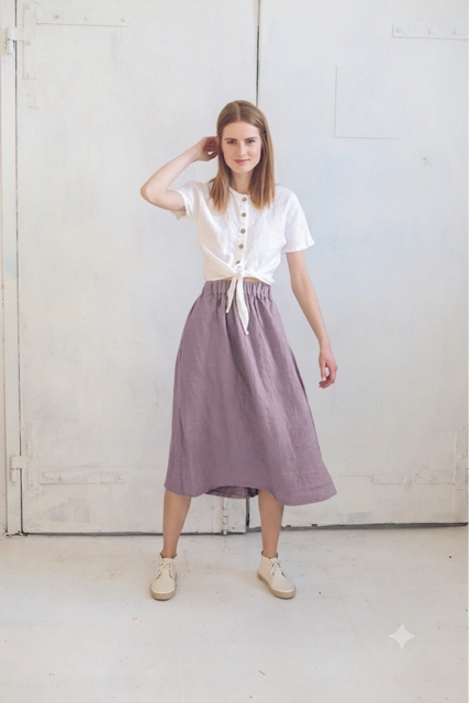 100% Linen Midi Boho Skirt: Plum