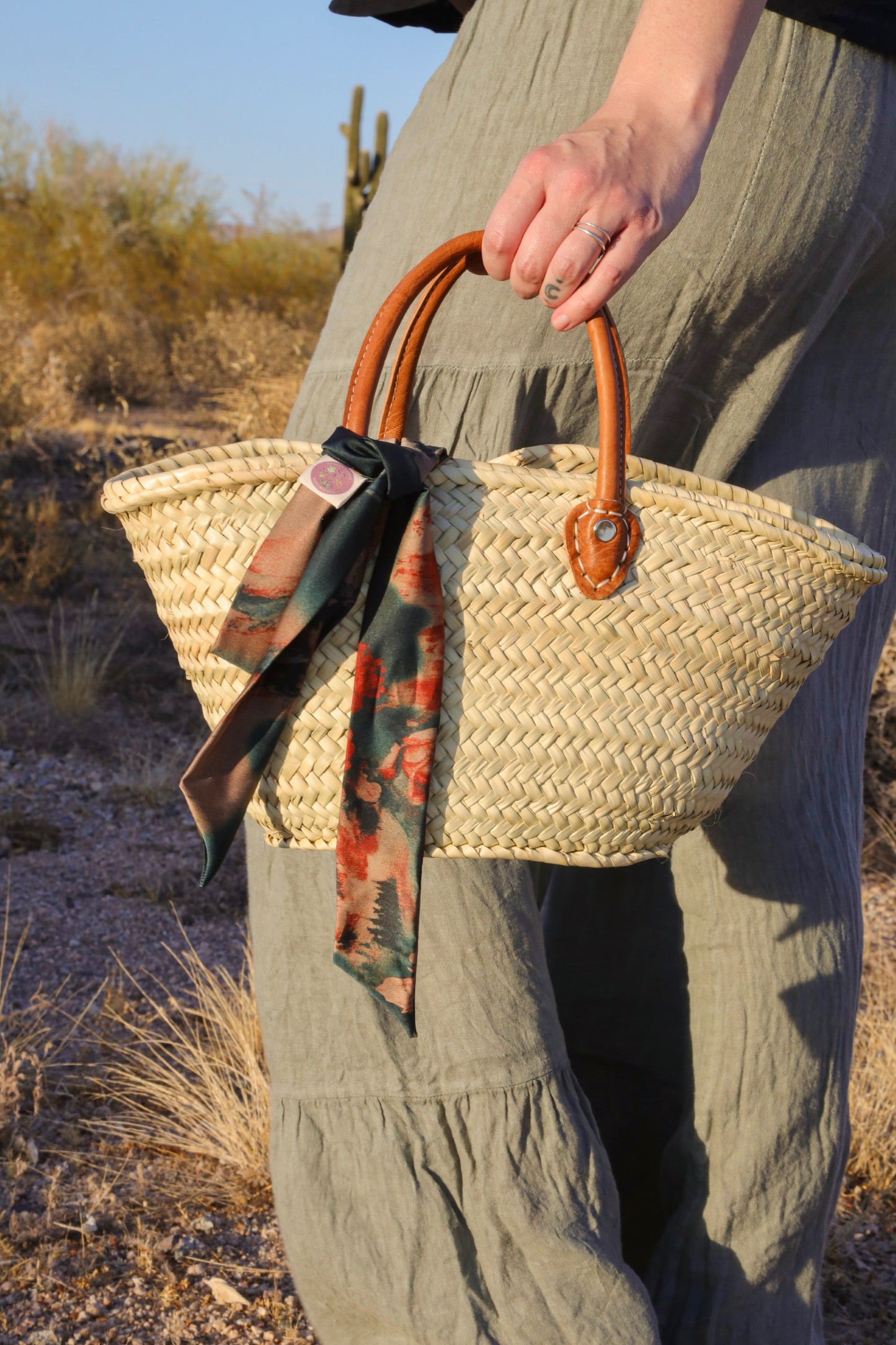 Leather Handle Market Basket - Mulberry Silk Skinny Scarf Duo